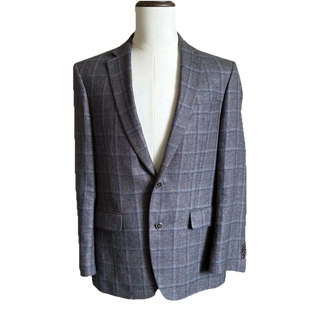Jos A Bank Brrr Comfort‎ Blazer 40R Gray Windowpane Linen Wool Slim Fit Jacket